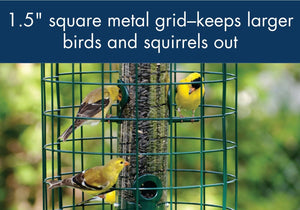  3 yellow birds in a cage feeder 